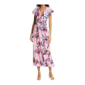 DYVNA Floral Print Silk Blend Faux Wrap Dress
